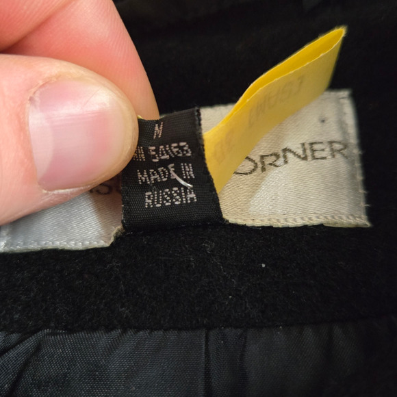 90s Vintage Black Wool Blend Toggle Closure Leather Trim Overcoat Size Medium - Picture 8 of 13